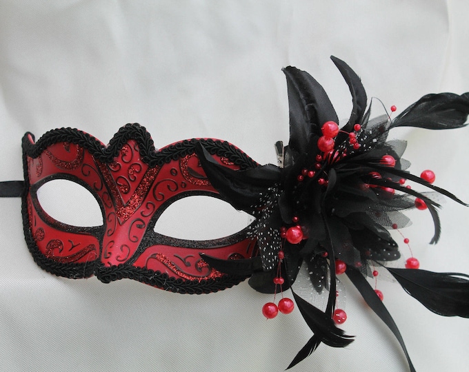 Red and Black Masquerade Mask for Masked Ball with Flower and Pearls