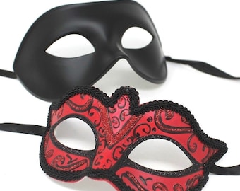 Black & Red Pair of Male and Female Couples Masquerade Masks