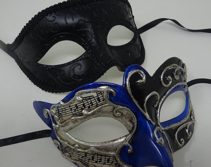 Musical Script Black Silver and Blue His and Hers Couples Pair of Masquerade Party Ball Carnival Masks