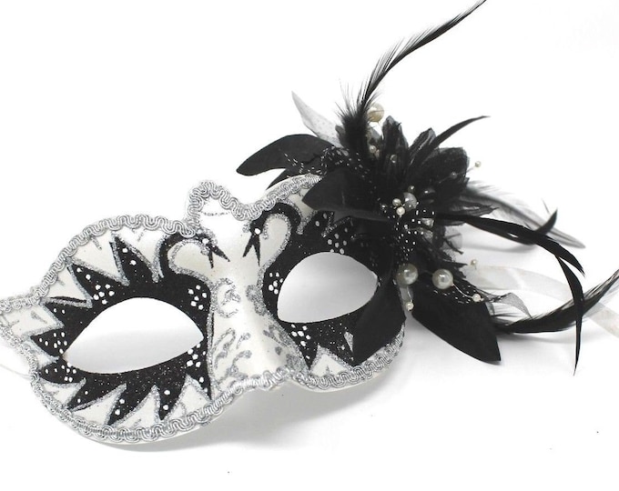 White & Black Swan Lake Masquerade Mask with Flower and Pearl Detail