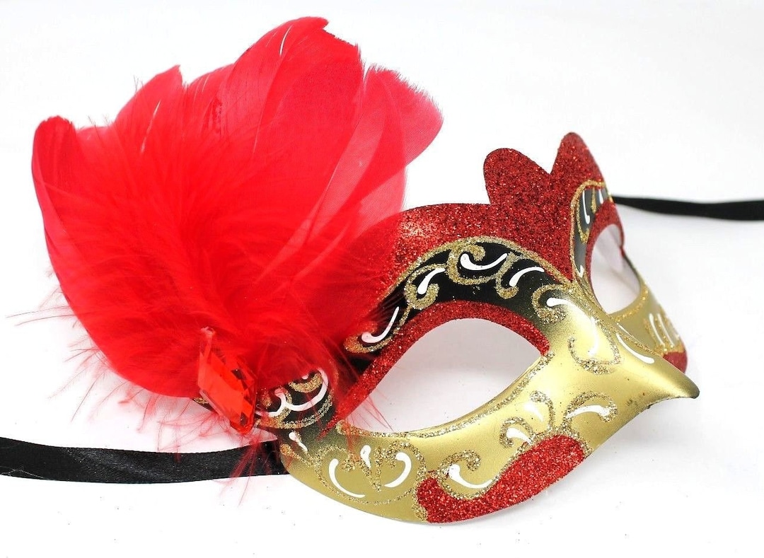 Red White and Gold Side Feather Venetian Masquerade Carnival Party Ball ...