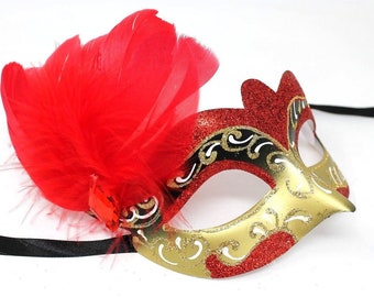 Red and Gold Side Feather Masquerade Mask