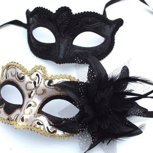 Black and Gold Swirl Pair of Couples His and Hers Masquerade Masks