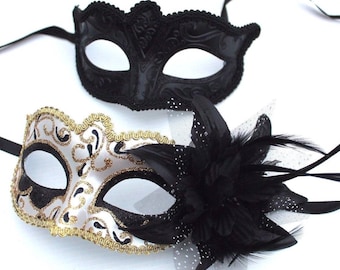 Black and Gold Swirl Pair of Couples His and Hers Masquerade Masks