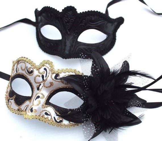 HIS N HERS PAIR COUPLES BLACK /& GOLD VENETIAN MASQUERADE PARTY PROM EYE MASKS