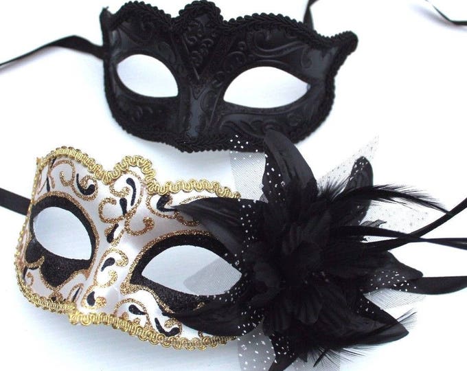 Black and Gold Swirl Pair of Couples His and Hers Masquerade Masks