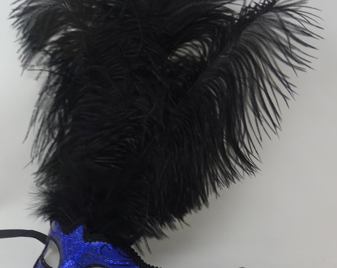 Sparkling Blue and Black Venetian Masquerade Ball Party Eye Mask with Long Black Feathers
