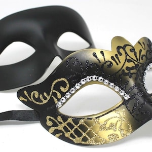 Gold and Black Diamonte Detail His and Hers Couples Pair of Masquerade Masks