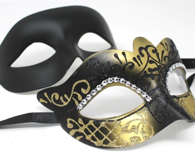 Gold and Black Diamonte Detail His and Hers Couples Pair of Masquerade Masks