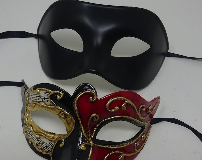 Musical Script Red Gold and Black His and Hers Couples Pair of Masquerade Party Ball Carnival Masks