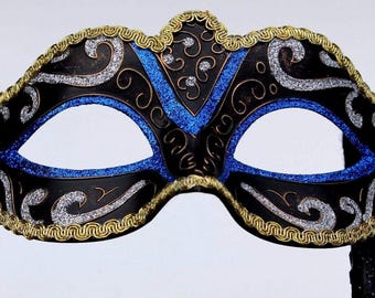 Stunning Blue, Black, Bronze Silver and Gold Masquerade Mask on a Black Stick