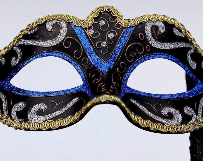 Stunning Blue Black Bronze Silver and Gold Venetian Masquerade Carnival Party Ball Eye Mask on a Black Stick