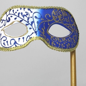 Stunning Blue and Gold Masquerade Mask on a Gold Stick