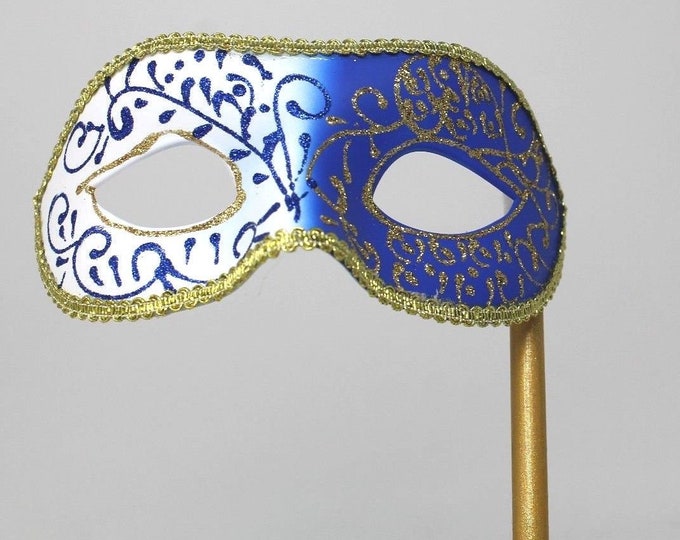 Stunning Blue and Gold Masquerade Mask on a Gold Stick