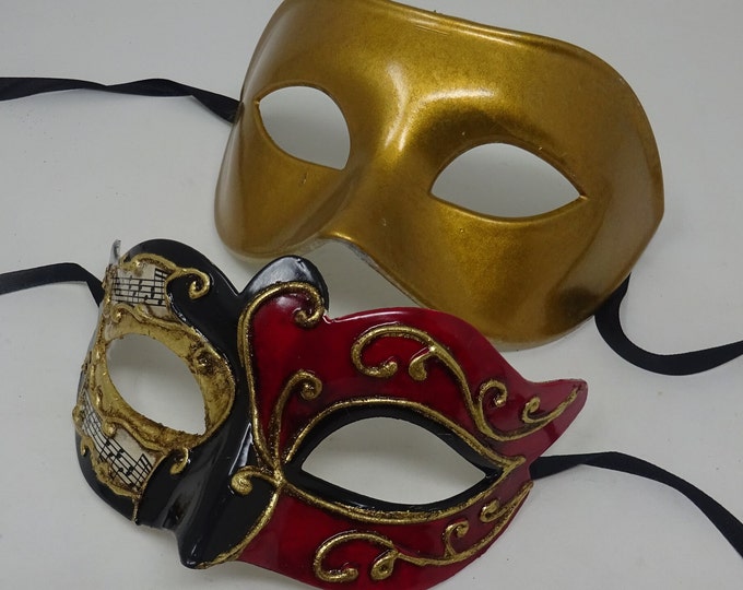 Musical Script Red Black and Gold His and Hers Couples Pair of Masquerade Party Ball Masks