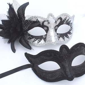 His and Hers Couples Masquerade Masks in Black and White Swan Lake Design with Flower