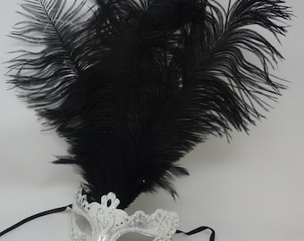 Ladies White & Silver Rialto Long Ostrich Feather Venetian Masquerade Ball Party Prom Eye Mask