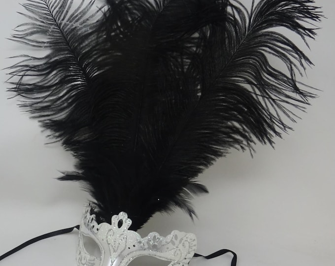 Ladies White & Silver Rialto Long Ostrich Feather Venetian Masquerade Ball Party Prom Eye Mask