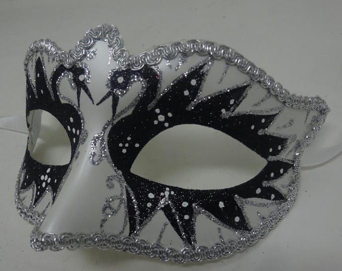 Black and Pearlised White Swan Lake Design Glitter Masquerade Mask