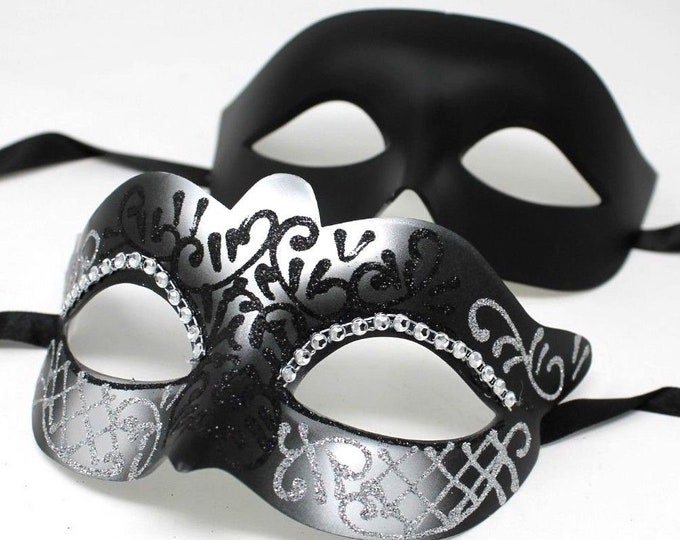 Black and Silver Diamonte Pair of Male and Female Couples Masquerade Masks