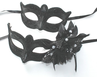 Black Pair of Male and Female Flower and Pearl Masquerade Masks