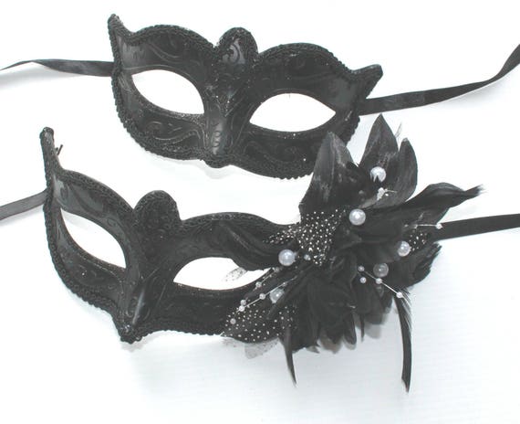Black Pair of Male and Female Flower and Pearl Masquerade Masks