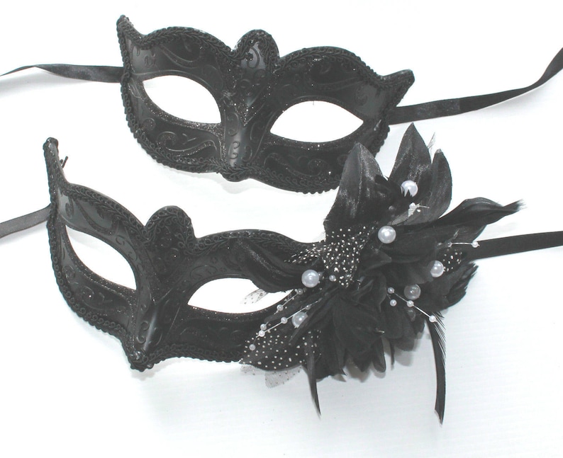 Black Pair of Male and Female Flower and Pearl Masquerade Masks