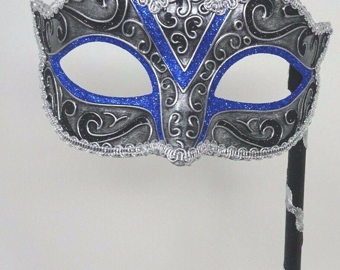Stunning Blue Black and Silver Masquerade Mask on a Black Stick with Silver Braid