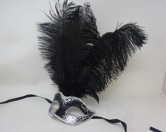 Stunning Black and Silver Long Black Feather Venetian Masquerade Prom Ball Eye Mask