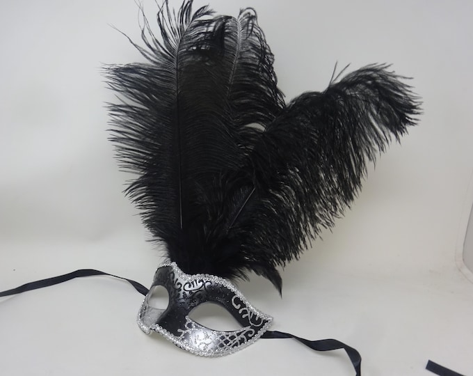 Stunning Black and Silver Long Black Feather Venetian Masquerade Prom Ball Eye Mask
