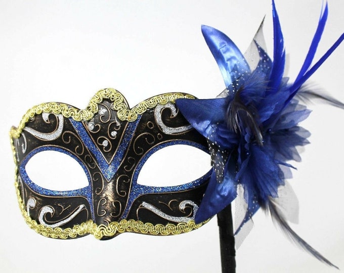 Stunning Blue, Black, Bronze Silver and Gold Masquerade Mask on a Black Stick with Flower