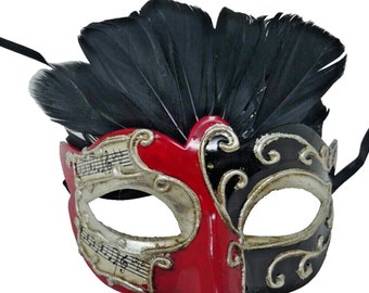 Red, Black and Silver Musical Masquerade Mask for Masked Ball with Feathers