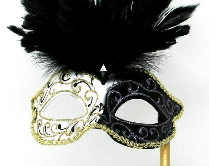 Black and Gold Masquerade Mask on a Stick with Feather Detail