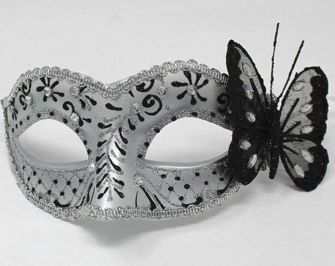 Black and Silver Jewelled Masquerade Mask with Sparkling Butterfly Detail