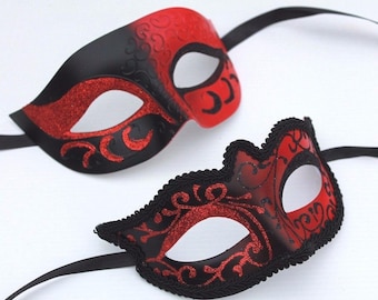 Black & Red Pair of Male and Female Couples Masquerade Masks