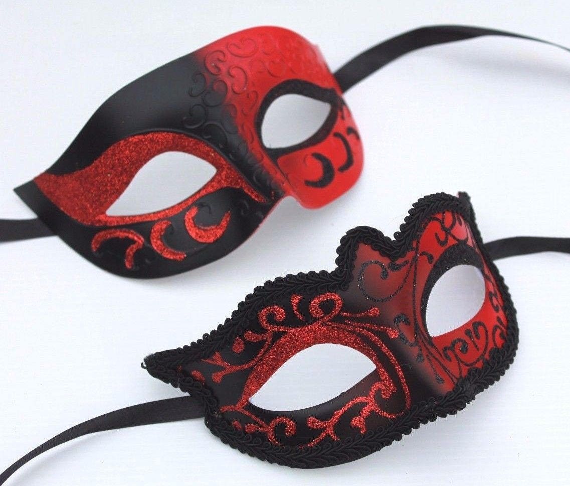 Black Red Pair Of Male And Female Couples Masquerade Masks Etsy