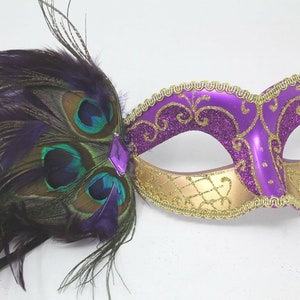 Purple and Gold Masquerade Mask with Peacock Detail