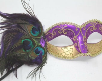 Purple and Gold Masquerade Mask with Peacock Detail