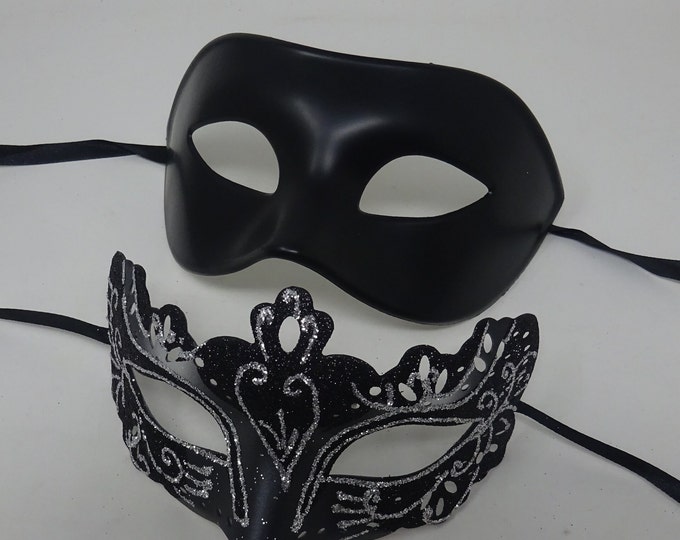 Black and Silver Pair of Male and Female Couples Masquerade Party Ball Prom Masks