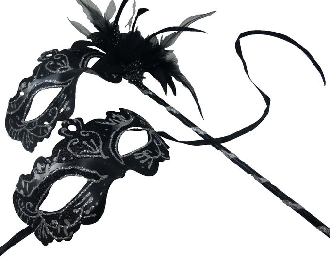 Couples Masks Black and Silver Rialto Masquerade Mask with Flower for Masked Ball Carnival Party Halloween Hand Held on a Wooden Stick