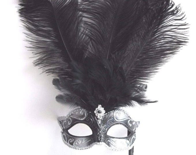 Stunning Black and Silver Feather Masquerade Mask on a Black Stick