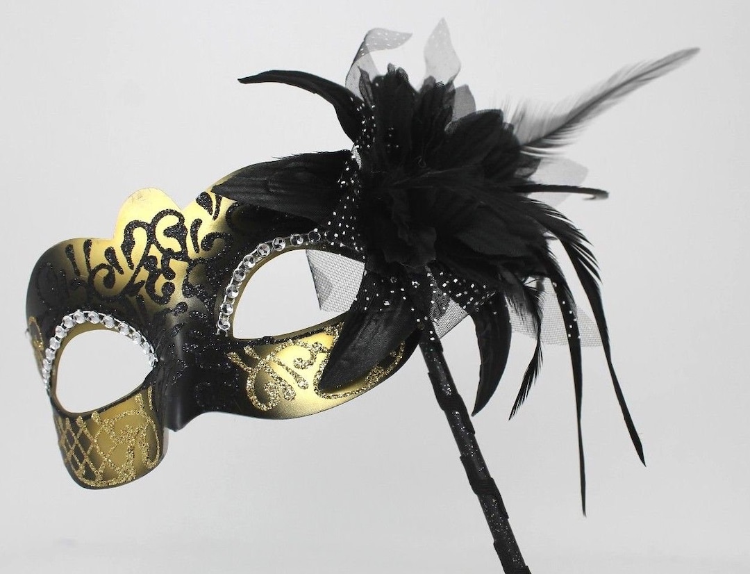 Black and Gold Masquerade Mask on a Stick With Flower Detail - Etsy