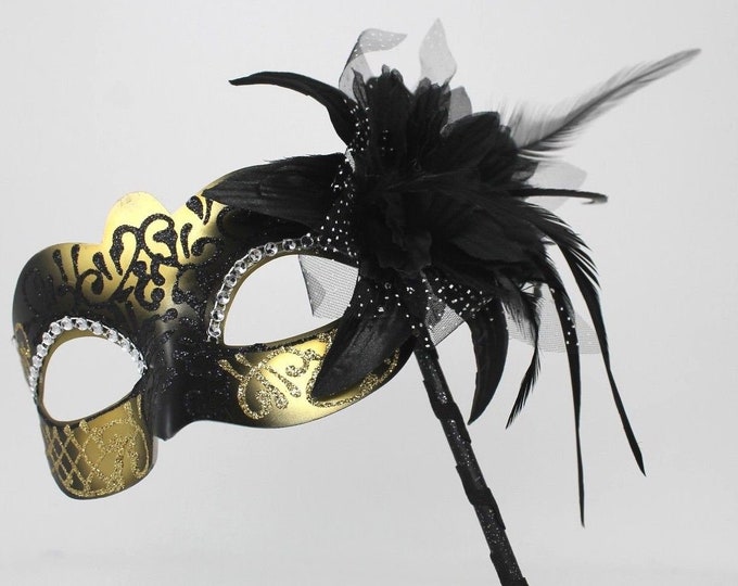 Black and Gold Masquerade Mask on a Stick with Flower Detail
