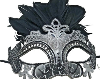 Black and Silver Rialto Masquerade Party Ball Carnival Eye Feather Mask