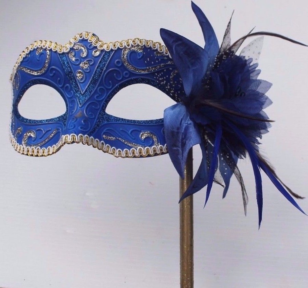 Stunning Blue and Gold With Flower Masquerade Mask on a Gold Stick With ...