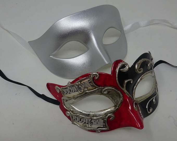 Musical Script Red Silver and Black His and Hers Couples Pair of Masquerade Masks