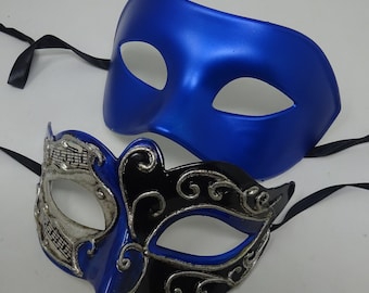 Musical Script Black Silver and Blue His and Hers Couples Pair of Masquerade Party Ball Carnival Masks