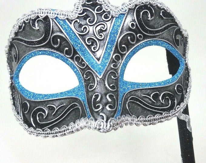 Stunning Turquoise Black and Silver Masquerade Mask on a Black Stick with Silver Braid