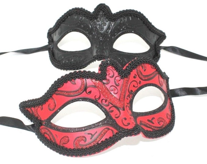 Black & Red Pair of Male and Female Couples Masquerade Masks