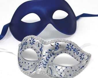 Blue and Silver His and Hers Couple Masquerade Masks